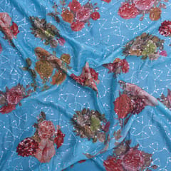 Sky Blue floral printed Chinon Chiffon fabric with sequins embroidery -  KCC190977