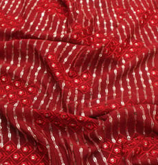 Blood Red chinon chiffon fabric with Gold sequins and Thread embroidered flowers - KCC150379