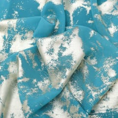 Metallic Silver foil print on ocean blue georgette fabric - KCC151989
