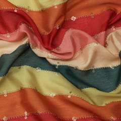 Warm Multicoloured Chinon Fabric with Sequins Embroidery