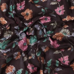 Chocolate Brown printed Chinon fabric with embroidery