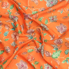Tangerine Orange printed Chinon fabric with embroidery