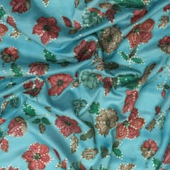 Powder Blue printed Chinon fabric with embroidery