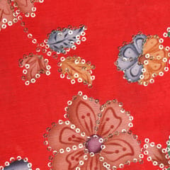 Scarlet Red printed Chinon fabric with embroidery