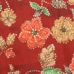 Ruby Red printed Chinon fabric with embroidery