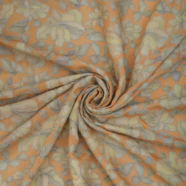 Light Orange Munga Silk Floral Embroidery