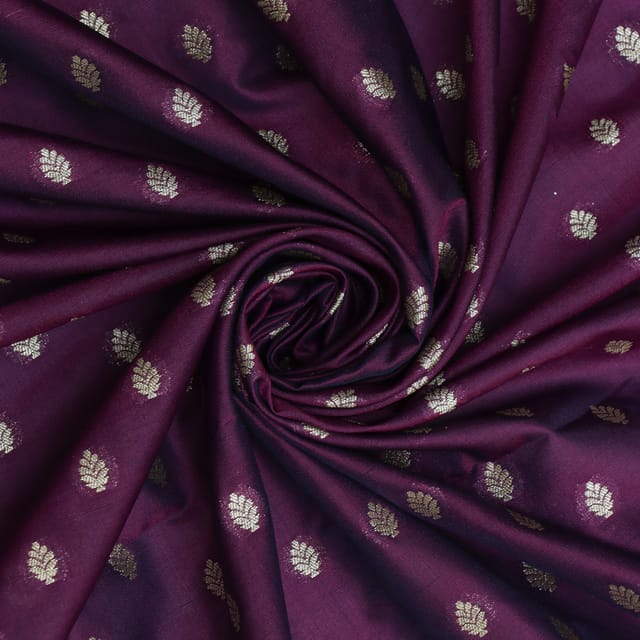 Beautiful Motif Silver Zari Embroidery On Deep Purple Brocade Fabric