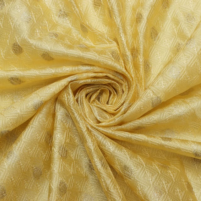 Beautiful Silver Zari Embroidery on Lemon Yellow Katan Dupion Fabric