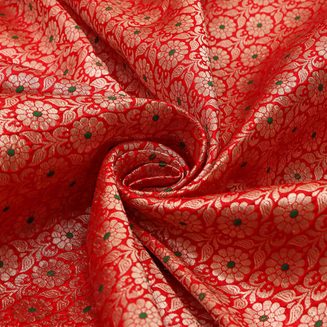 Beautiful Motif Silver Zari Embroidery On Red Brocade Fabric