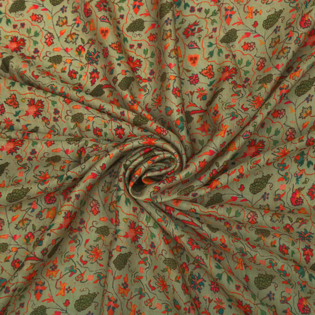 Moss Green Satin Tussar Ethnic Work Fabric