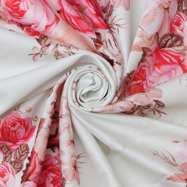 White Cotton Satin Floral Print Fabric