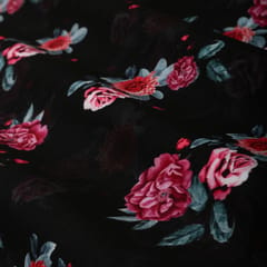 Raven Black Silk Mint Floral Print Fabric