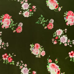 Beautifull Floral Print on Dark Green Base Glace Cotton Fabric