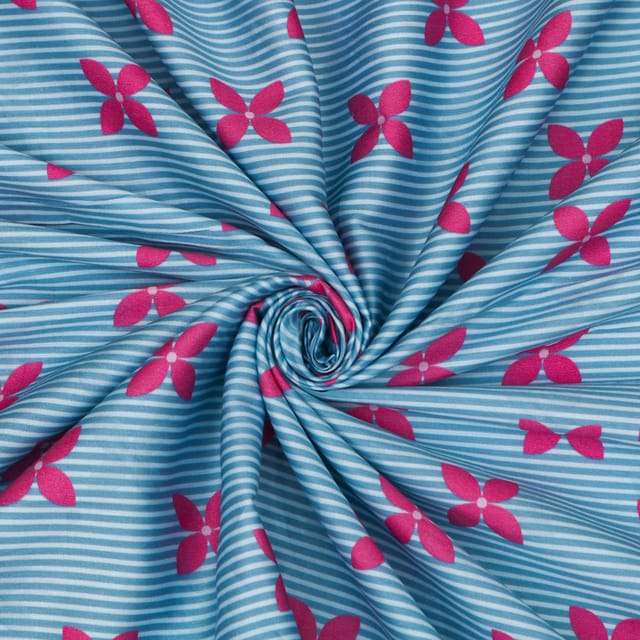 Baby Blue Glace Cotton Floral Print Fabric