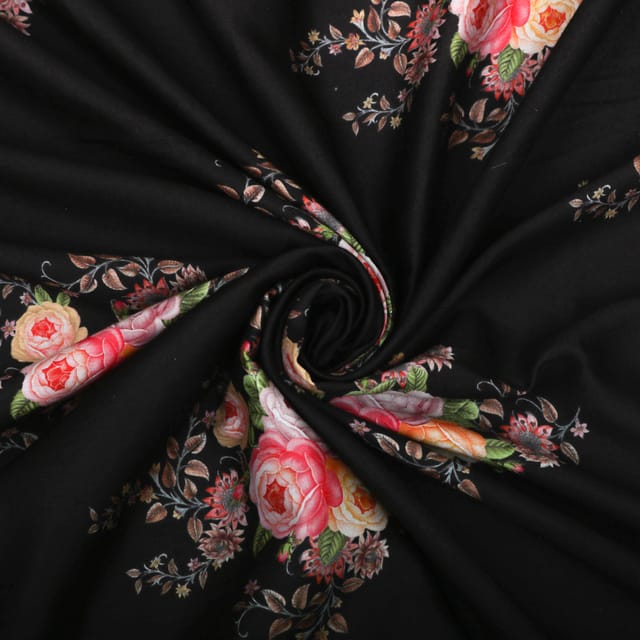 Beautifull Floral Print on Black Base Modal Cotton Print Fabric