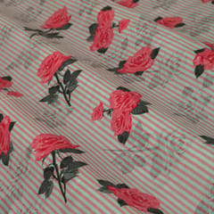 Grey Glace Cotton Stripe Floral Print Fabric