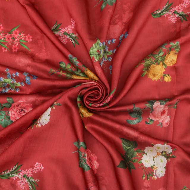 Rose Red Chanderi Floral Print Fabric