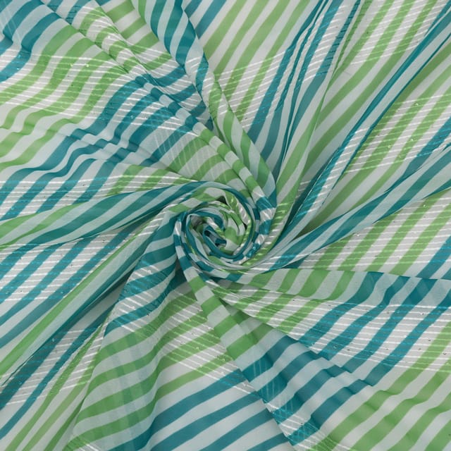 Blue and Green Stripe Print Georgette Fabric