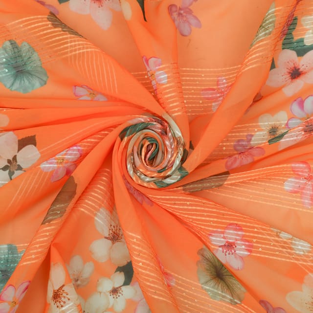 Tangerine Orange Floral Print Georgette Fabric