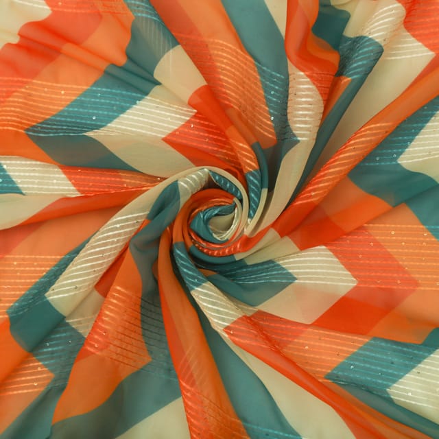 Blue and Brown Zig-Zag Print Georgette Fabric