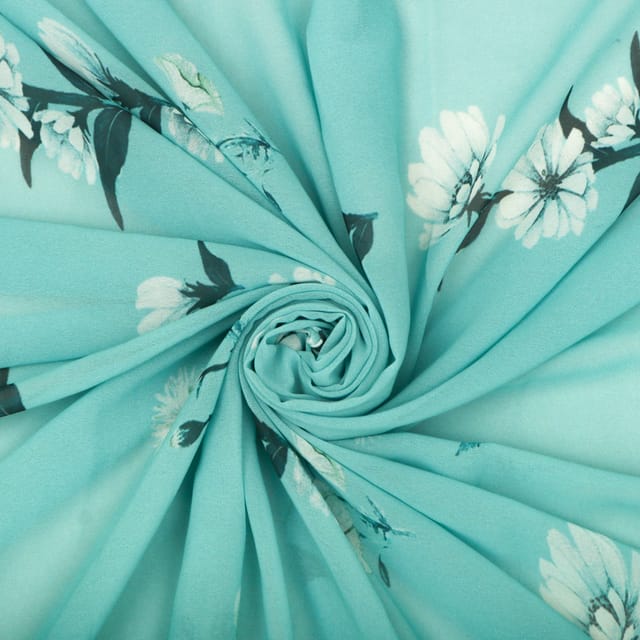Sky Blue Floral Print Georgette Fabric
