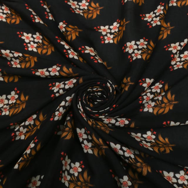 Jet Black Floral Print Mulmul Silk