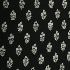 Jet Black and White Floral Print Mulmul Fabric