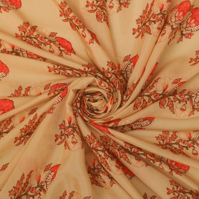 Beige and Red Floral Print Mulmul Silk