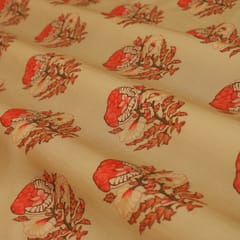 Beige and Red Floral Print Mulmul Silk