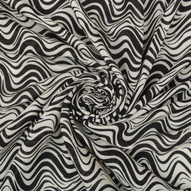 Jet Black and White Wave Print Mulmul Fabric