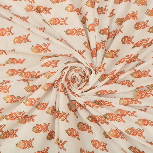 White and Orange Foil Print Cotton Fabric