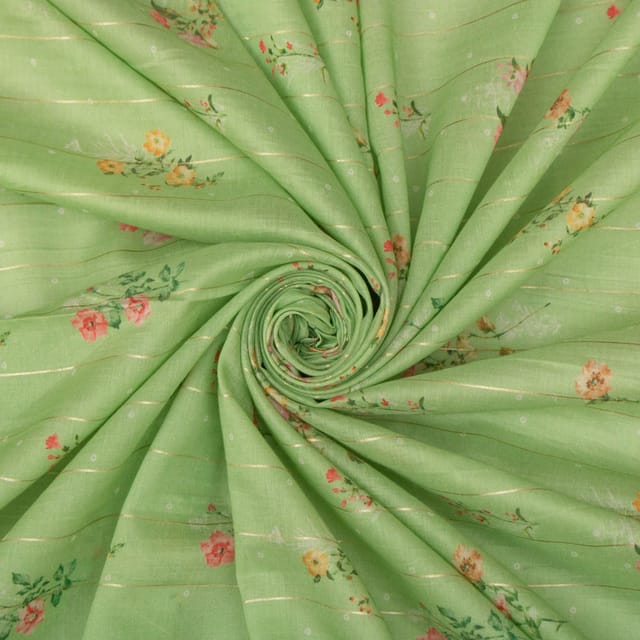 Mint Green Floral Printed Chanderi Lurex Handloom