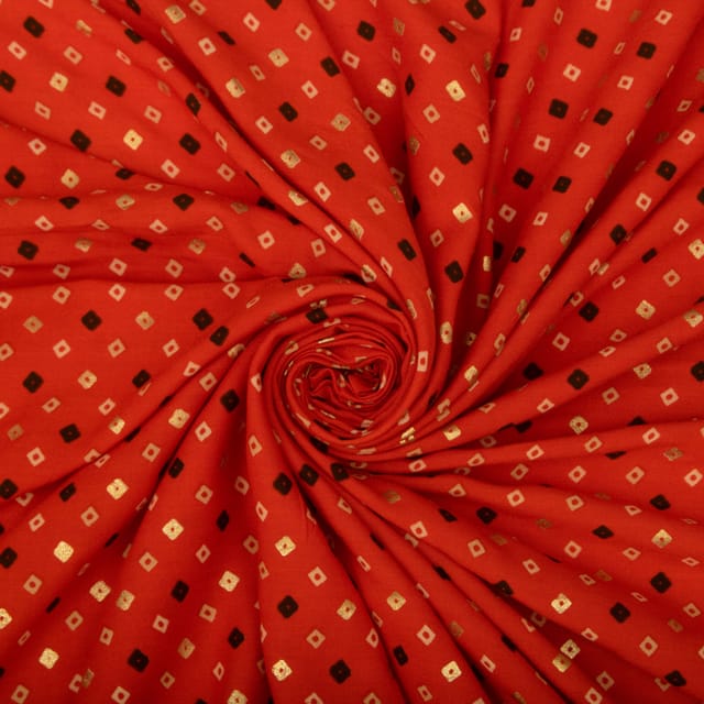 Scarlet Red and Gold Foil Print Cotton Fabric