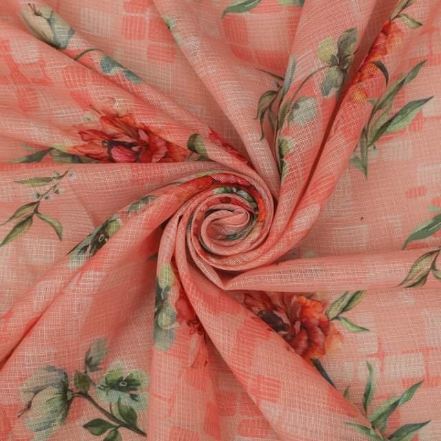 Blush Pink Floral Print Checkered Kota Loom
