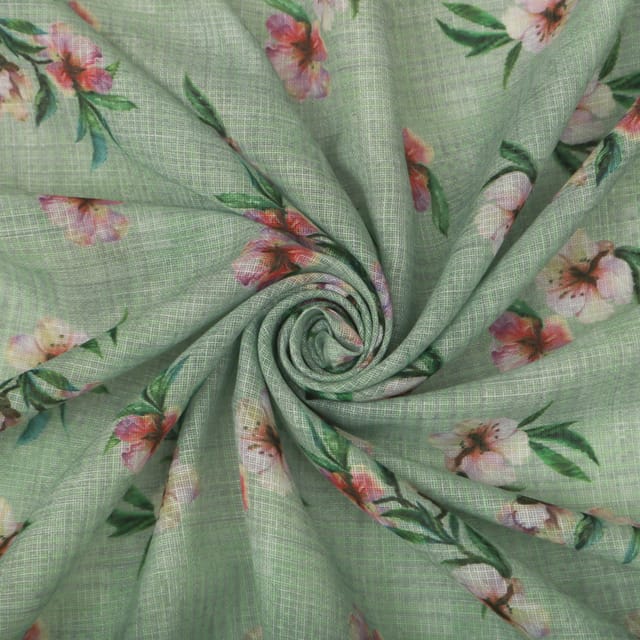 Mint Green Floral Print Checkered Kota Loom