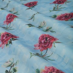 Sky Blue and Pink Floral Print Checkered Kota Loom