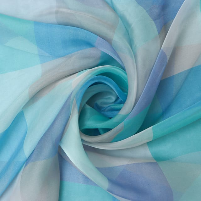 Multitoned Blue Check Print Organza Fabric