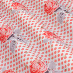 White and Pink Floral Print Satin Sequence Fabric