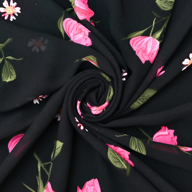 Jet Black Floral Print Georgette Fabric
