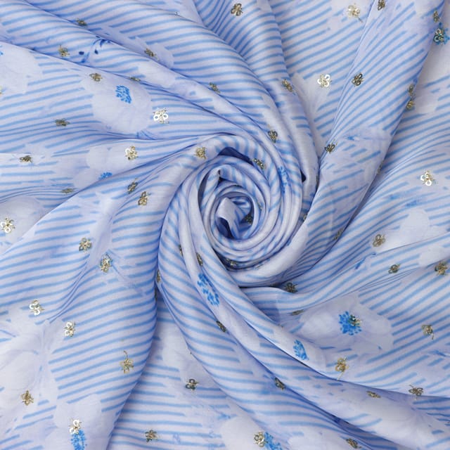 Sky Blue and White Floral Print Satin Sequence Fabric