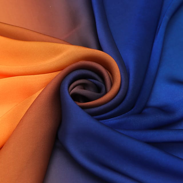 Mustard Yellow and Blue Ombre Print Satin Fabric