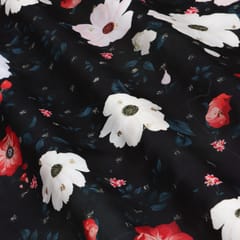 Charcoal Black Floral Print Satin Sequence Fabric