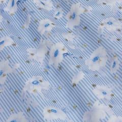 Sky Blue Floral Print Satin Sequence Fabric