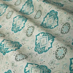 Off-White and Teal Blue Floral-Print Crepe Fabric