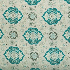 Off-White and Teal Blue Floral-Print Crepe Fabric