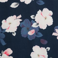 Navy Blue and Cream Floral-Print Crepe Fabric