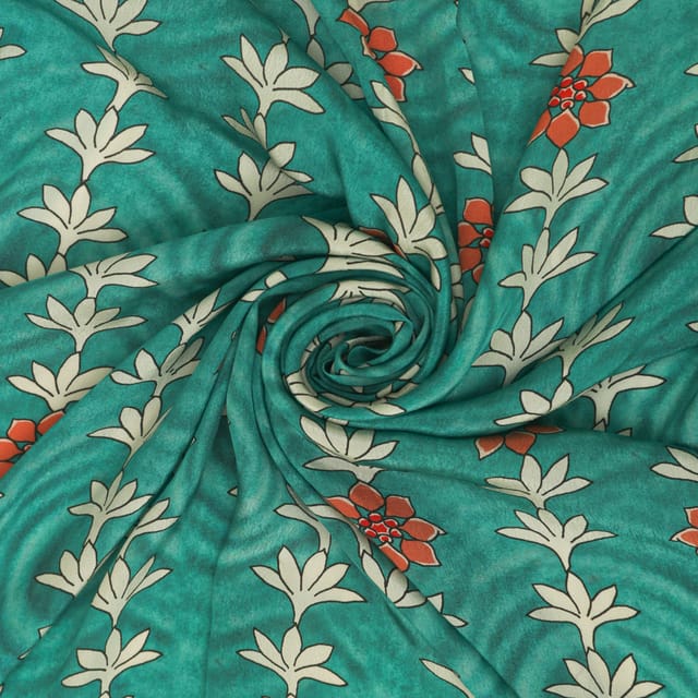 Teal Blue and White Floral-Print Crepe Fabric