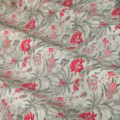 Pearl White and Pink Floral-Print Crepe Fabric