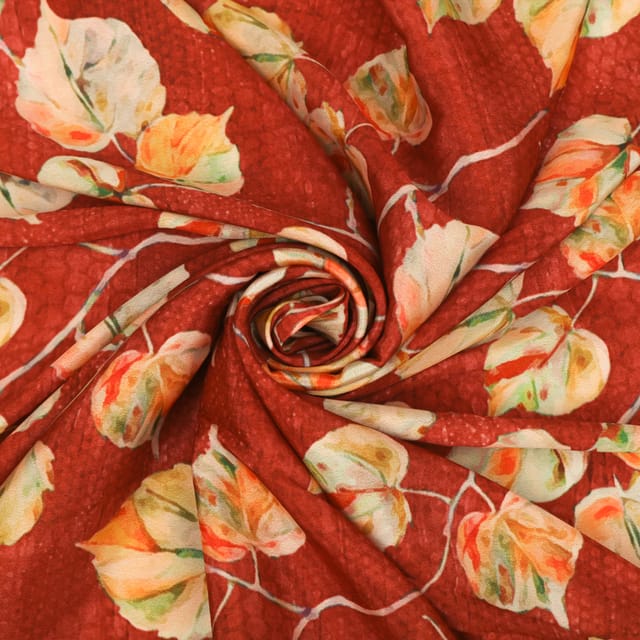 Brick Red and Cream Floral-Print Crepe Fabric