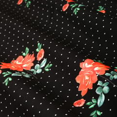 Jet Black and Red Floral-Print Crepe Fabric
